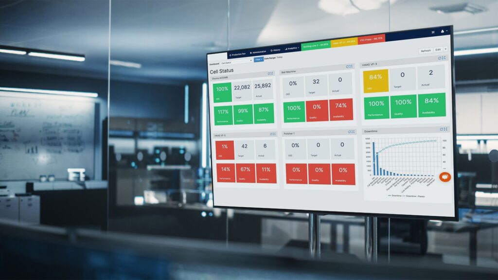 Nulogy Smart Factory, production monitor dashboard, HDTV monitor, operations