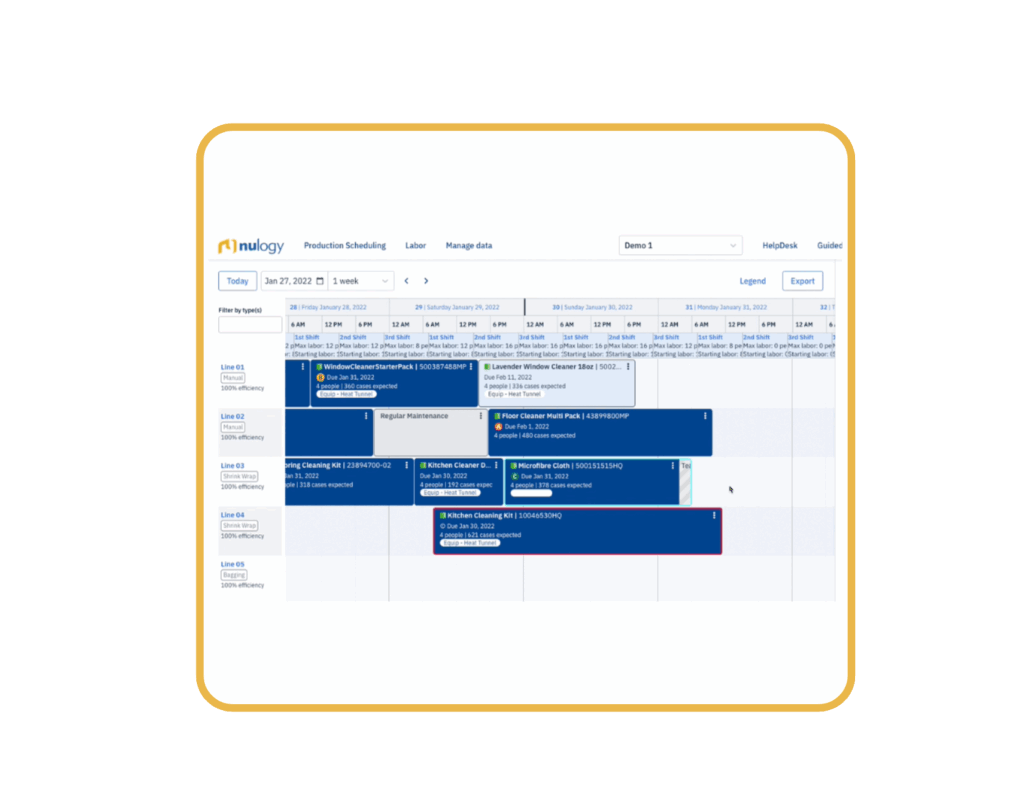 Nulogy production scheduling software, dashboard